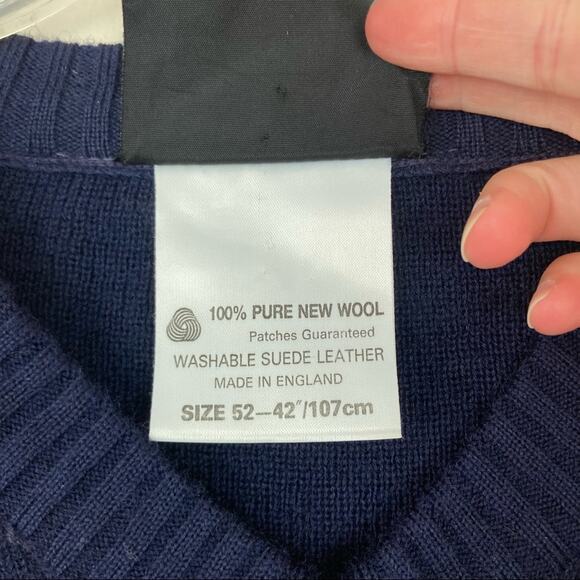 Barbour Navy Blue Wool Suede Leather Patch Sweater Sz M - Picture 5 of 8